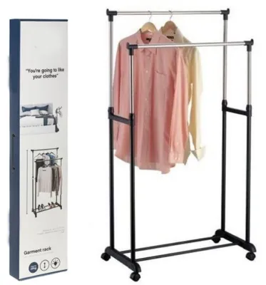 Immagine prodotto di Portaabiti a doppia barra su ruote - 2 ripiani - Regolabile in altezza da 100 a 170 cm - Portaabiti in metallo