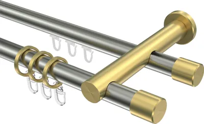 Produktbild von Interdeco Rundrohr-Innenlaufstange / Gardinenstange (Kombination) Edelstahl-Optik / Messing-Optik, Typ Platon Santo (Kappe), 20 mm Ø 2-läufig, 140 cm