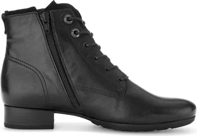 A black leather ankle boot with laces and a side zipper.
