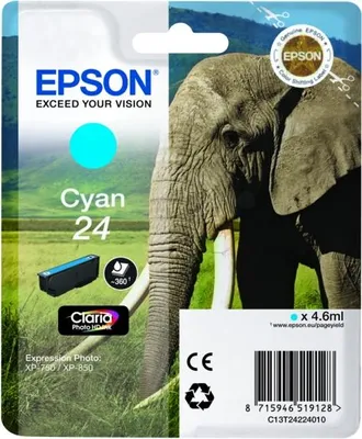 Zdjęcie produktu dla Epson Elephant Singlepack Cyan 24 Claria Photo HD Ink, Cyjan, 4,6 ml, 1 szt., 360 stron(y)