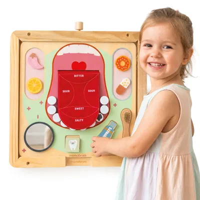 Productafbeelding van Mamabrum Montessori leerspeelbord, houten tandartsset met wandframe, 45 x 45 x 4,2 cm, geschikt vanaf 18 maanden, inclusief 9 tanden en accessoires