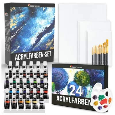 Zdjęcie produktu dla Zenacolor - Zestaw farb akrylowych (40 sztuk) - Zestaw startowy do malarstwa akrylowego (24 x 12 ml) - Zawiera: 5 płócien, 10 pędzli, 1 paletę - Zestaw farb akrylowych dla artystów - Zestaw do malowania dla dorosłych
