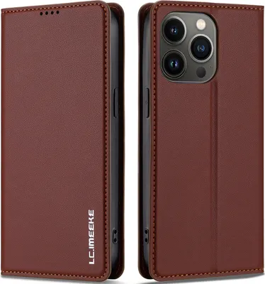 Image de Etui magnétique en cuir pour iPhone 13 Pro Max, avec fente pour cartes et fonction stand Marron