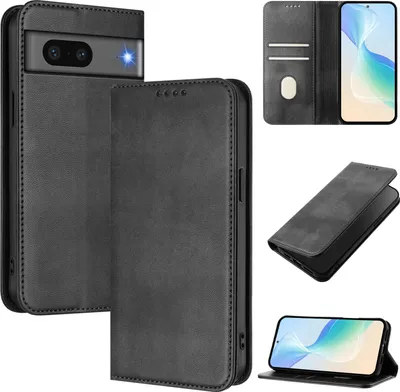 Produktbild von Handyhülle für Google Pixel 7, Vintage Leder RFID Schutz Kartenfach Standfunktion Magnetische Klapphülle Schwarz