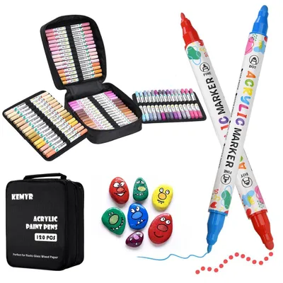 Immagine prodotto di Set di pennarelli acrilici con punta doppia, 120 colori, resistenti all'acqua, adatti per decorare pietre, legno, vetro e carta