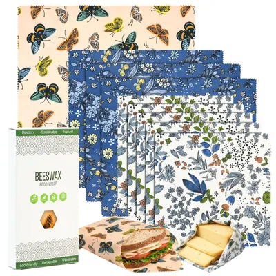 Image de Couvertures en cire d'abeille pour la conservation des aliments - Réutilisables, fabriquées en Coton et cire naturelle - Idéales pour le pain, le fromage et les fruits - Lot de 9 pièces (5 petites, 3 moyennes, 1 grande)