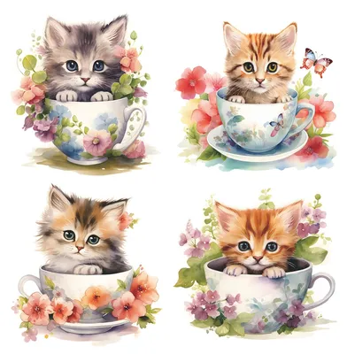 Katzenaufkleber, 4er-Set, Kawaii, Blumenmotive, 27x29 cm