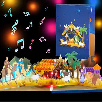 3D Pop-up Weihnachtskarte mit LED & Musik, Krippenszene, A5