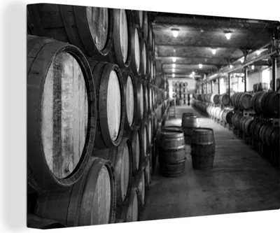 Produktbild von OneMillionCanvasses® - Leinwandbilder - 140x90 cm, Eichenfässer in einem Weinkeller - schwarz und weiß, Wandbilder Kunstdruck Wanddekoration