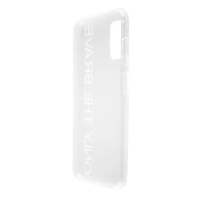 A transparent phone case with text on it, shown from the side.