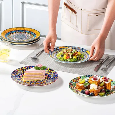 Productafbeelding van Famanu Set van 6 porseleinen salade- en dessertborden met een kleurrijk Boheems patroon - 21 cm