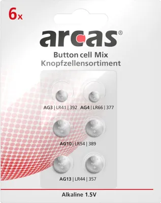 Produktbild von Arcas Knopfzellensortiment 6-teilig AG Alkaline Knopfzellen 1,5V (1x AG3 / 1x AG4 / 2x AG10 / 2x AG13) 127 50600