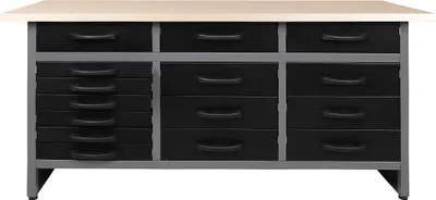 Produktbild von Ondis24 Metall Werkbank 170 cm "Konny" 15 Schubladen höhenverstellbare Füße 170x60x85 (H) cm Arbeitsplatte Holz Packtisch Werktisch Werkstatttisch Montagewerkbank