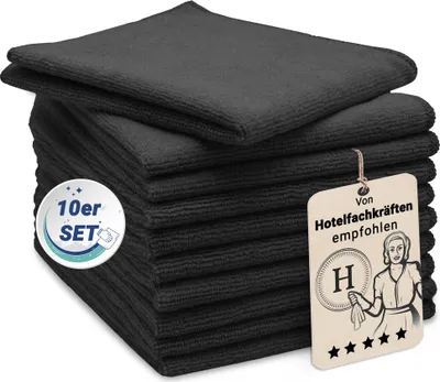 A stack of black microfiber cloths with a tag and a circular graphic.