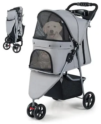 Produktbild von Hundewagen klappbar, Hundebuggy bis 15 kg, Katzenwagen 3 Rad, Haustierwagen mit Polster, verstellbarem Sonnendach, Griff, Netzfenstern & Korb, Haustierbuggy für Katzen Hunde (Grau)