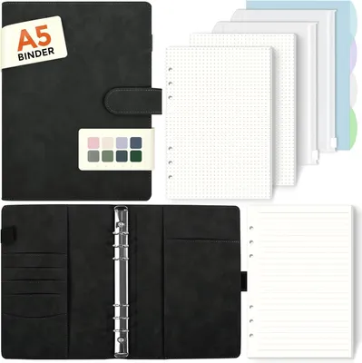 Produktbild von A5 6 Ringbuch, 135 Blätter Nachfüllpapier, Schwarz, für Schulnotizen