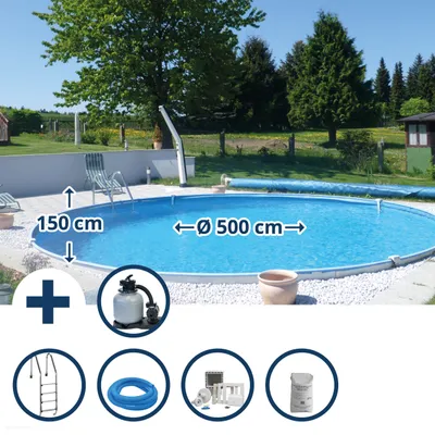 Produktbild von Stahlwandpool Set (10-teilig) tief rund Balearen 500 x 150 cm, Stahl 0,8 mm weiß Folie 0,6 mm blau