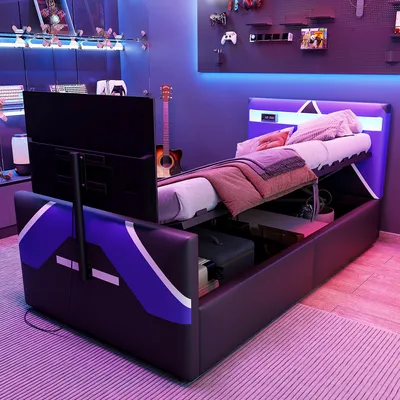 Produktbild von Flieks Hydraulisches Polsterbett 90x200cm mit Led, Kinderbett Jugendbett mit TV-Halterung, Einzelbett Stauraumbett mit Lattenrost, PU, Schwarz