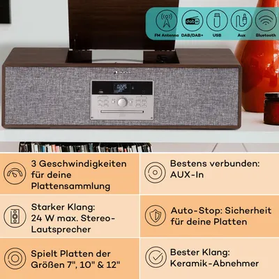 Zdjęcie produktu dla Auna - gramofon z głośnikiem, CD, MP3, USB, DAB+/FM, Bluetooth, na nóżkach