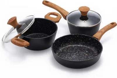 Produktbild von Kochgeschirr Set 3-teilig, 2QT Stielkaufrolle 8,5 Zoll Bratpfanne 6QT Topf, Keramik, schwarz