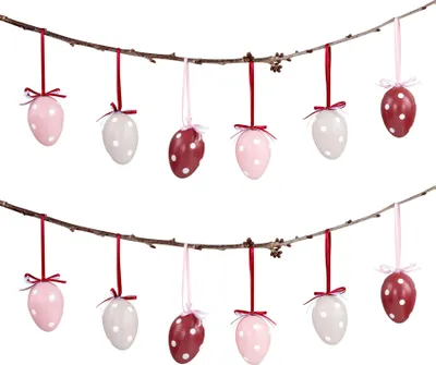 Produktbild von 12er Set Deko Eier Hängedeko Ostern Rosa Rot Weiß Punkte Ostereier zum Aufhängen