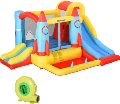Image de Château gonflable pour enfants avec 2 toboggans, zone de saut et piscine à eau. Dimensions : 330 x 265 x 185 cm. Multicolore