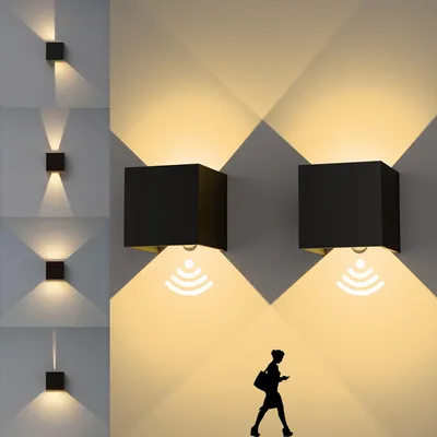 LED-Wandleuchte mit Bewegungsmelder, 2 Stück, 12W, IP65, 3000K, Schwarz