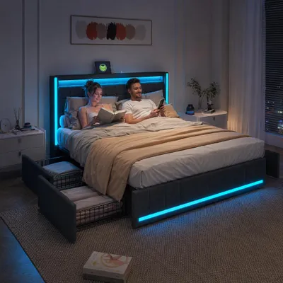 Immagine prodotto di UnboxG Letto imbottito 160x200cm con USB, letto contenitore letto matrimoniale con rete a doghe e 4 cassetti, letto per ragazzi con LED, letto in legno letto funzionale, biancheria, grigio
