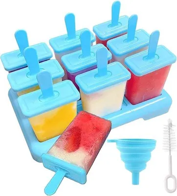 Produktbild von Silikon-Eisformen 9er Set - Blau mit Reinigungsbürste und Falttrichter