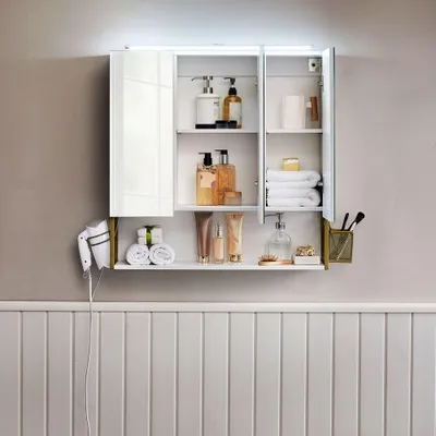 Obrázek produktu pro Zrcadlová skříňka do koupelny s LED osvětlením, bílá a zlatá, rozměry 70 x 14,5 x 70 cm