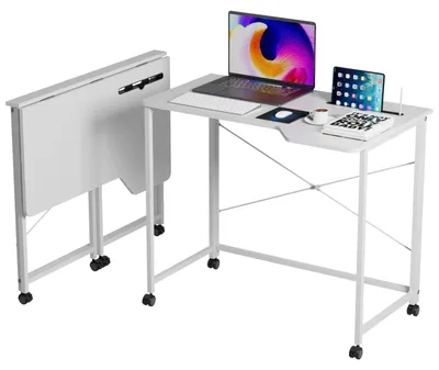 Produktbild von Klapptisch Schreibtisch - Computertisch - Mit Rollen - Holz - Rechteckig 90x56x75 cm - Platzsparend - Weiß