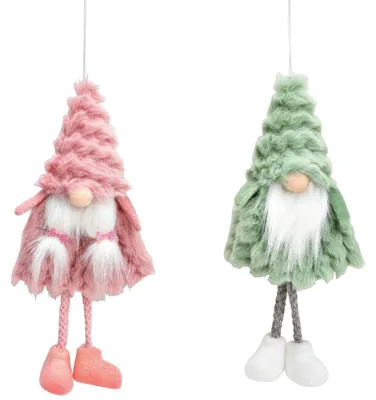 Image de Set de 2 suspensions textiles décoratives lutins pour l'hiver Vert, rose 9 x 20 cm