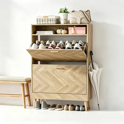 Schmale Schuhkommode Holz 80x24x115 cm Eiche 2 Klappen