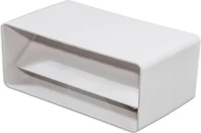 A white rectangular ventilation connector with a flap inside, shown from a slightly elevated side angle.