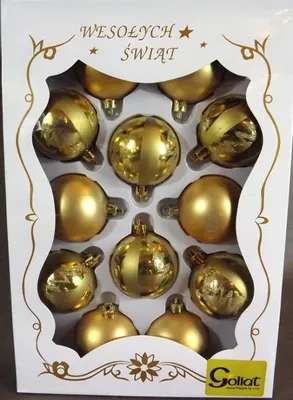 Produktbild von Set mit 12 goldgestreiften Kunststoffkugeln