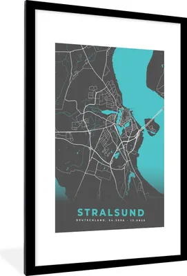 Produktbild von MuchoWow® Gerahmtes Poster Stadtplan - Deutschland - Blau - Stralsund- Karte 60x90 cm - Poster mit Schwarzem Bilderrahmen Wandposter Rahmen Foto Bilder - Dekoration - Wandposter Wohnzimmer - Hochwertig