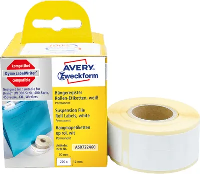 Produktbild von Avery Zweckform AS0722460, Rollen-Etiketten, 12 x 50  mm, 220 Etiketten / 1 Rolle, weiß