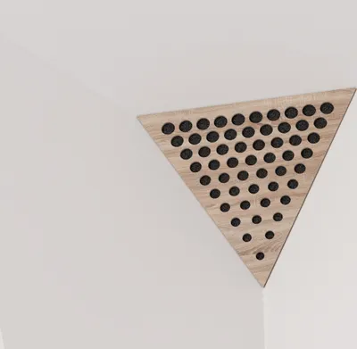 Zdjęcie produktu dla 2-częściowa sufitowa pułapka basowa "Triangle-ROUNDS" Pianka akustyczna z perforowaną laminowaną płytą HDF | 42x42x42cm | Trójkątna pułapka basowa w kształcie piramidy| Kolor: Sonoma