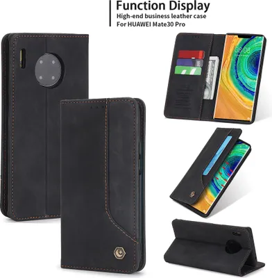 Produktbild von Huawei Mate 30 Pro Hülle, LaimTop Retro Kunstledertasche Schutzhülle mit Kartenfach Standfunktion für Huawei Mate 30 Pro Schwarz