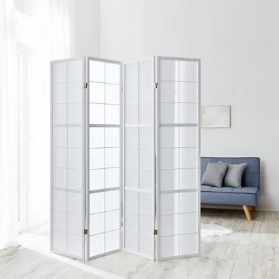 Produktbild von Homestyle4u 438, Paravent Raumteiler 4 teilig, Holz Weiss, Reispapier Weiß, Höhe 175 cm