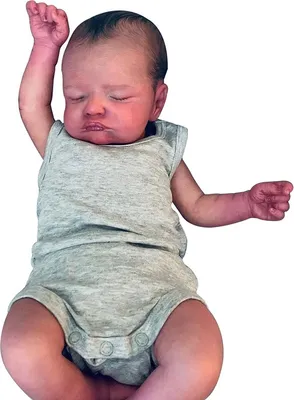 Image de corps en coton 45 cm, Cheveux peints, Yeux fermés, Cils enracinés, Barboteuse grise à manches courtes Reborn Doll