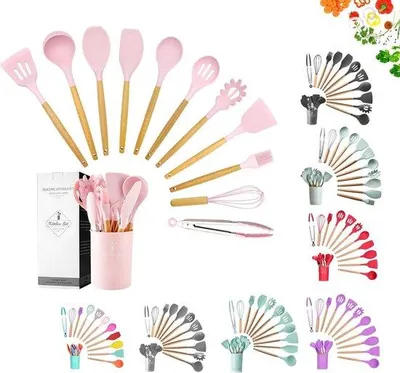 Produktbild von 12-teiliges Set Küchenhelfer – Silikon-Kochgeschirr mit Holzgriffen – Küchenaccessoires in Rosa für Kochen und Backen