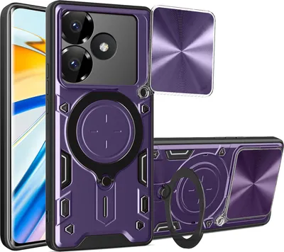 Produktbild von Handyhülle für Xiaomi Redmi Turbo 3 /Poco F6 5G Dual-Layer Stoßfest Rüstung Hülle mit Dia Kameraschutz und Kreisförmig Ring Ständer Lila