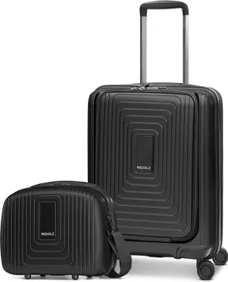 A black trolley suitcase and a matching beauty case are displayed against a white background.