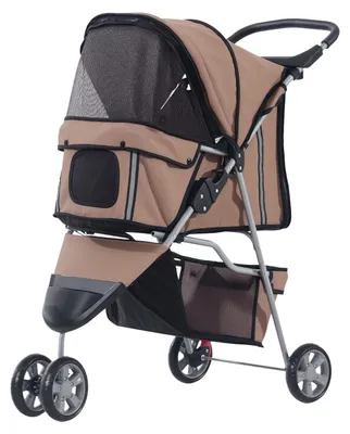 Image de Poussette pour chiens et chats - Pliable - Pour chiens et chats jusqu'à 10 kg - Avec rembourrage - Avec fenêtres en filet - Porte-gobelet - Sac de rangement - Couleur marron café