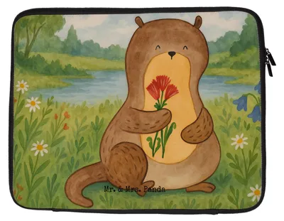 Produktbild von Mr. & Mrs. Panda Laptop Tasche Otter Blumenstrauß Design 27 x 36 cm - Weiß - Geschenk, Laptoptasche, Niedlich, Laptophülle, Seeotter See, Hülle, Süß, Sleeve