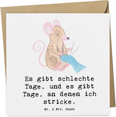 Produktbild von Mr. & Mrs. Panda Grußkarte Maus Stricken - Weiß - Geschenk, DIY, Klappkarte, anlasskarte, doppelkarte, faltkarte, Glückwunschkarte