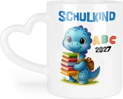 Produktbild von Schulkind 2027 Tasse Herzhenkel Dino – Geschenkidee Einschulung, Kinder-Tasse mit Herzgriff für Jungen Erstklässler
