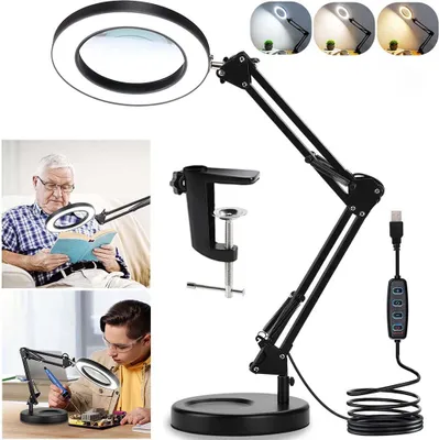 Obrázok produktu pre Lupa s osvetlením a stojanom, USB LED lupa so svorkou, 3 farebné režimy, stmievateľná lampa