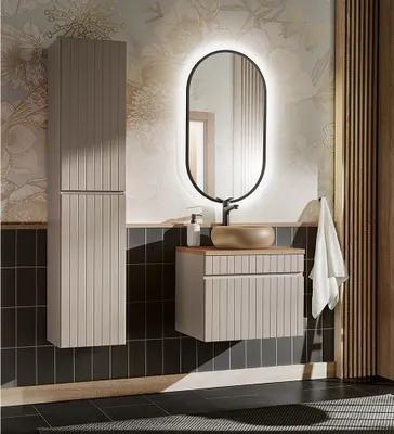Produktbild von Badmöbel Set Waschtischunterschrank 60 cm Hochschrank LED Spiegel IRAKLIO-56-CASHMERE Kaschmir Eiche Nb. B/H/T ca. 125/200/46 cm